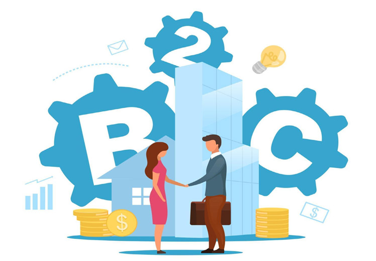 business-to-consumer-model-flat-illustration-b2c-concept-commercial-transaction-selling-products-services-to-end-users-marketing-isolated-cartoon-character-on-white-background-vector